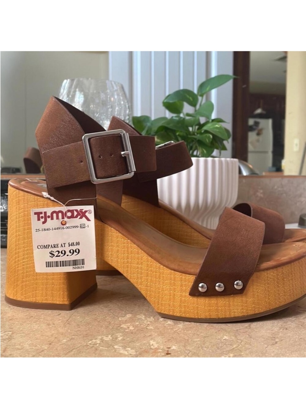 MIA Brown Platform Sandals with Wood-Effect Block Heel